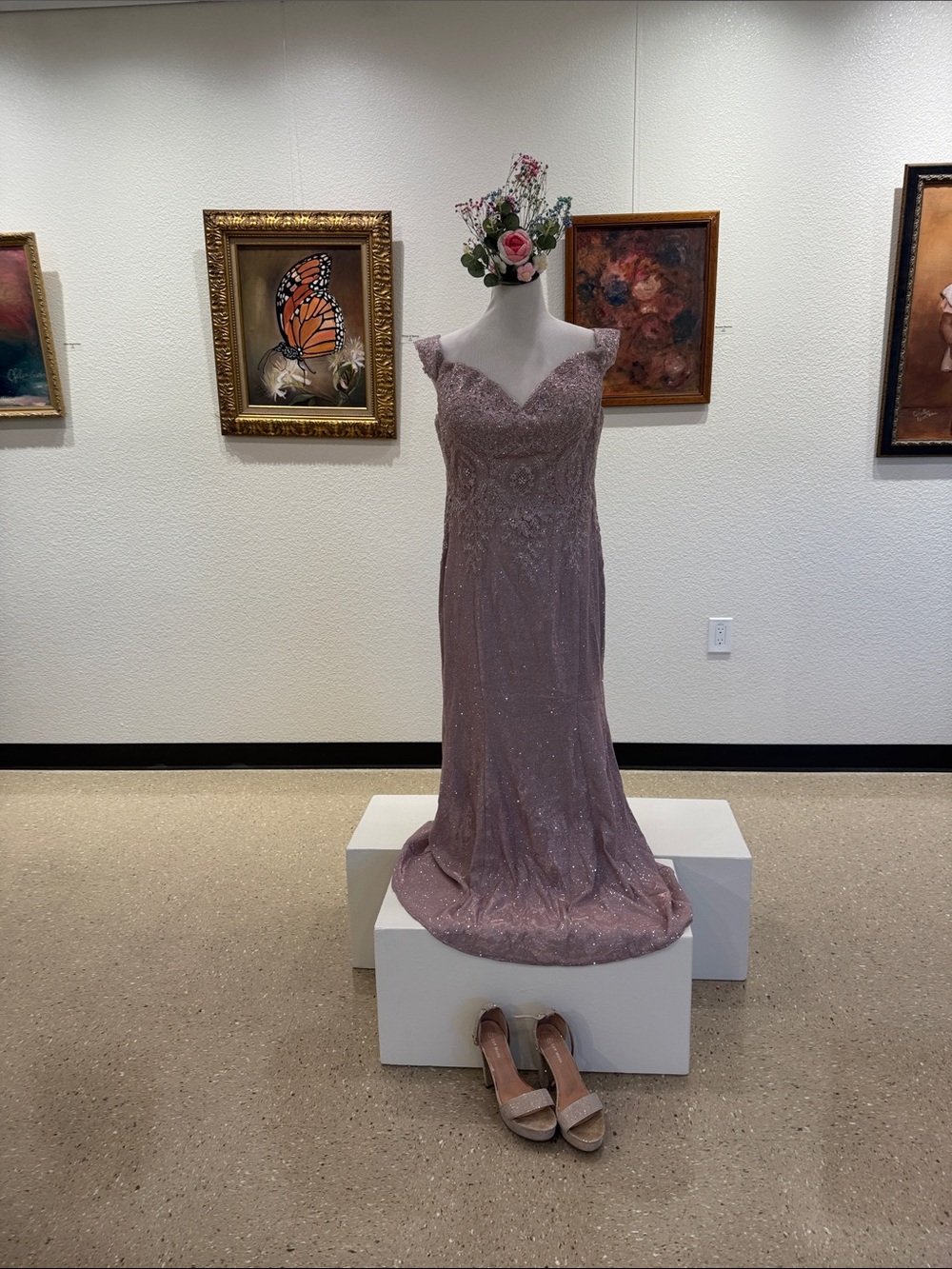 Beaded Dusty Rose Off-Shoulder Prom Gown